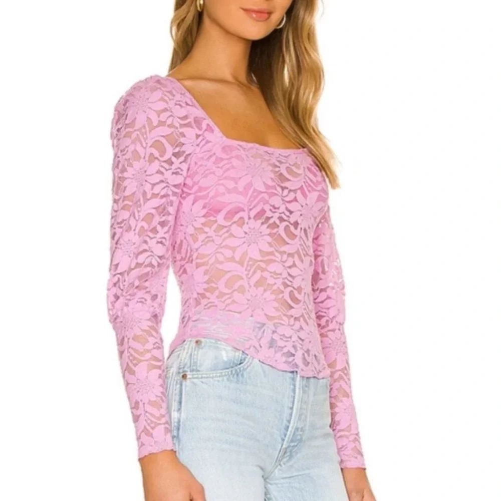 Revolve X Free People Long Distance Layering Long Sleeve Sheer Lace Top Pink NWT